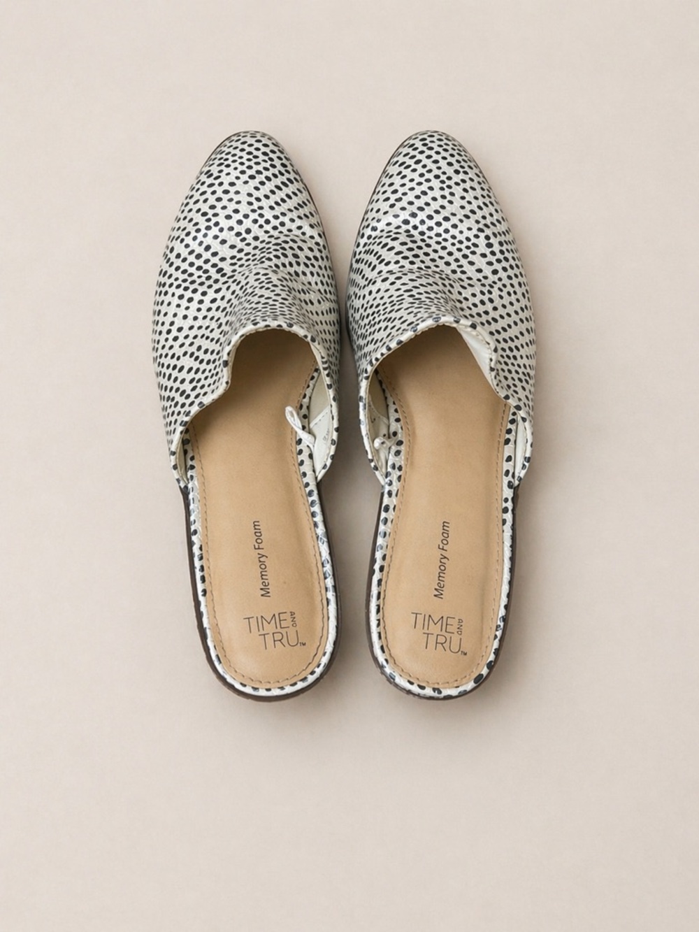 Time and Tru Polka Dot Mule Heels Size 7.5 Low Block Heel Slip On Neutral